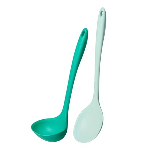 Kitchen Mama DuoEssentials Ladle & Cooking Spoon Set, Teal | Silicone, Heat Resistant, One-Piece Design, For Nonstick Cookware, For Soup, Stirring, Serving & Sauteing - color: Teal