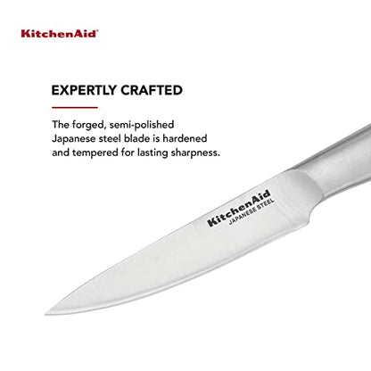 KitchenAid Gourmet Forged Stainless Steel Fine-Edge Utility Knife with Custom-Fit Blade Cover, 4.5-inch, Sharp Kitchen Knife, Japanese Steel Blade, Brushed Stainless Steel Handle - style: 4.5-Inch Fine-Edge Utilty Knife