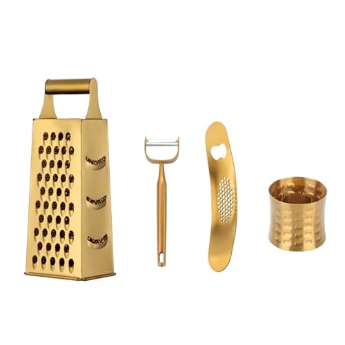 Box Grater 4pcs Set - Gold Color with Container, Stainless Steel Garlic Press、Corn Peeler & Peelers for Fruits, Vegetables,box cheese grater stainless steel