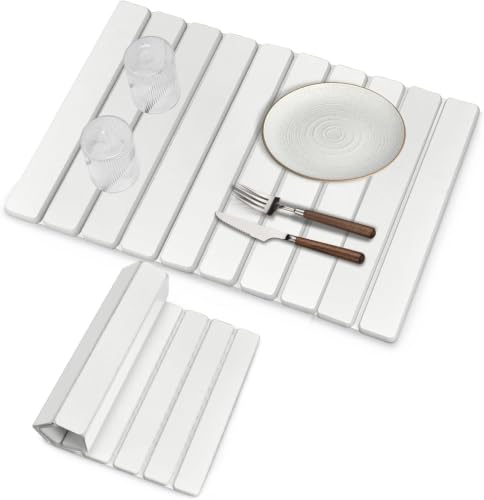Large Stone Dish Drying Mat for Kitchen Counter, 24"(L)×16"(W), Collapsible Quick Drying Mat, Absorbent Eco-Friendly Diatomaceous Earth Mats for Dishes and Bottles, Match Any Countertop【White】 - color: creamy white, size: 24" x 16"