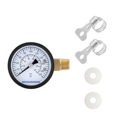 MEASUREMAN CO2 Regulator Gauge Set for Beer Kegs, 0-2000 PSI, Dual Scale, Bar/PSI, 2’’ Dial, 1/4’’ NPT, Black Iron Case, Aluminum Pointer, Brass Components, with Hose Clamps& Nylon seals - size: 1pc, style: 0-2000 psi With Washers&Clamps
