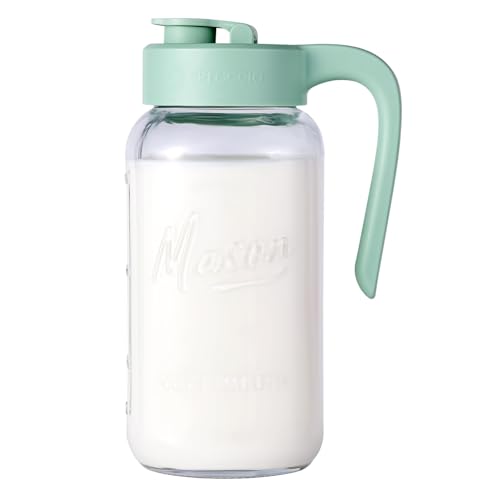 Mason Jar Pitcher - Airtight & Leakproof Glass Pitcher with Lid, Perfect for Breastmilk, Cold Brew, and Sun Tea, 2 Quart (64 oz) Mason Jar with Pour Spout Lid - color: Green