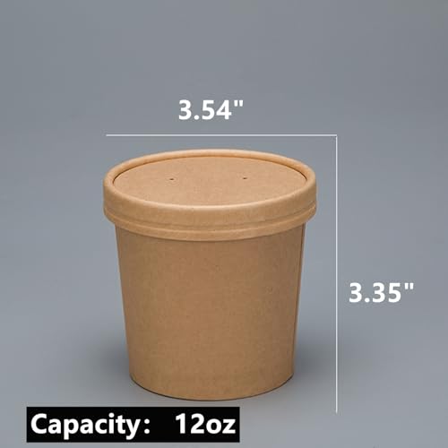 60 Pack 12 oz Kraft Paper Soup Containers with Lids, Disposable Ice Cream Cups, Microwave and Freezer Safe To Go Food Storage Bowls for Parties, Christmas, Takeout, Picnics