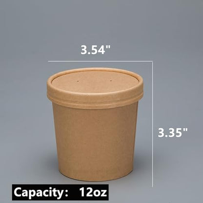 60 Pack 12 oz Kraft Paper Soup Containers with Lids, Disposable Ice Cream Cups, Microwave and Freezer Safe To Go Food Storage Bowls for Parties, Christmas, Takeout, Picnics