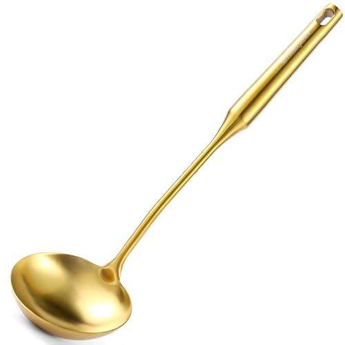 Gold Soup Ladle and Spaghetti Spoon Set - 18/10 Stainless Steel Soup Spoon，Pasta Strainer, 13.8" Kitchen Utensils for Cooking，Stirring, Serving Pasta, Soup & Sauce, Perfect Gifts - size: Gold