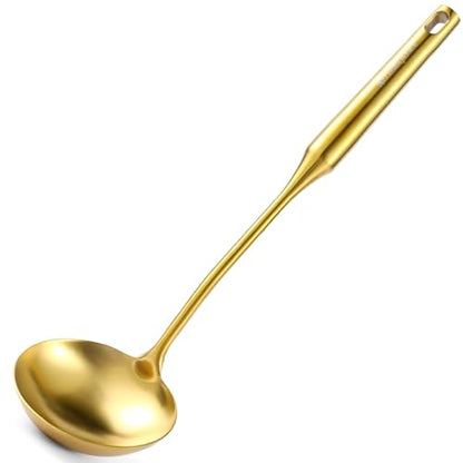 Gold Soup Ladle and Spaghetti Spoon Set - 18/10 Stainless Steel Soup Spoon，Pasta Strainer, 13.8" Kitchen Utensils for Cooking，Stirring, Serving Pasta, Soup & Sauce, Perfect Gifts - size: Gold