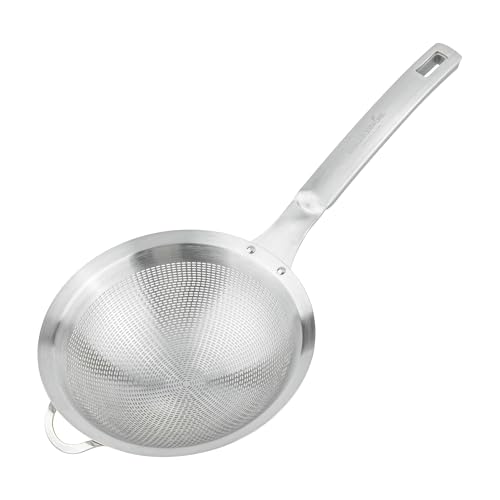 Restaurantware Fine Mesh Strainer - 1 Count - Met Lux 13.19" x 6.3" Stainless Steel Fine Mesh Sieve, Adjustable Tilt Strainer, Hanging Hole, Easy to Clean - Sieve For Flour and Juice - size: 13.25" x 6.25"