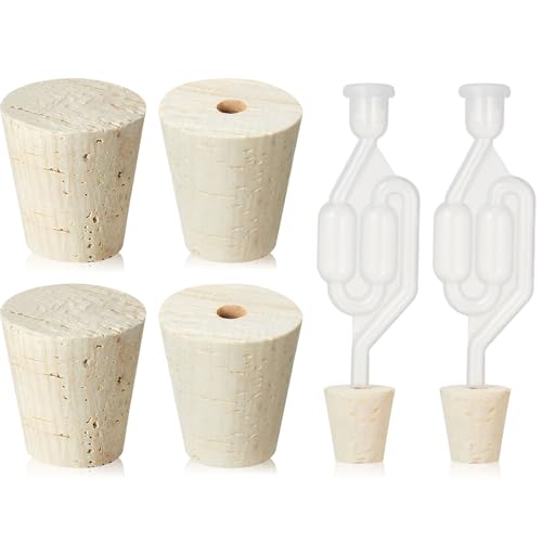 Ziliny 6 Pcs Bubble Airlock Set Include 2 Tapered Cork Stoppers 2 Drilled Fermentation Corks and 2 Twin Bubble Airlock for Most 3 5 6 Gallon Glass Carboy Wood Wine Bottle Stoppers for Home Brewing