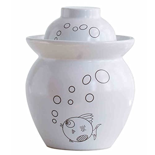 ZHOUXIAO White Traditional Chinese Ceramic Fermentation Crock Jar Pickling Jar with Water Seal Airlock Lid,Large Thickened Ceramic Pickle Jar Kimchi Pot Storage Containers 0.6KG