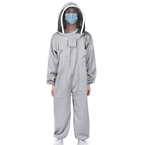 Grey One Piece Beekeeping Suit with Double Zippers Made of Polyester Cotton Blend Providing Full Body Protection with a 16.5in Hood L XL XXL for Both Professional Amateur B
