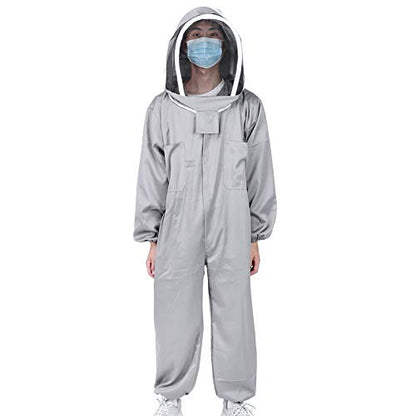 Grey One Piece Beekeeping Suit with Double Zippers Made of Polyester Cotton Blend Providing Full Body Protection with a 16.5in Hood L XL XXL for Both Professional Amateur B