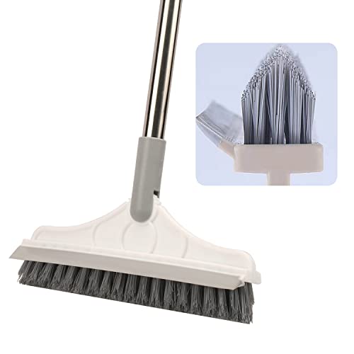 2 in 1 Floor Brush Scrubber with Long Handle Grout Brush 3 Poles 53.5'' New Upgrade Stiff Bristle Cleaning Scrub Brush with Squeegee 120°Rotating Tile Brush for Cleaning Bathroom Glass Patio Kitchen - color: White