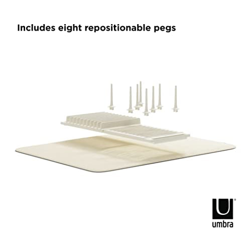 Umbra Udry Dish Rack with Movable Pegs and Microfiber Drying Mat – Space-Saving Design Folds Up for Easy Storage, Basic Rack, Linen