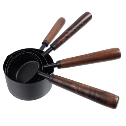 Set of 4 Measuring Cups and Spoons Black Measuring Cups with Wooden Handle Stainless Steel Measuring Spoons and Scoops Set for Kitchen Flour Spice Seasoning Measurement (1+1/2+1/3+1/4 Cup) - size: 1+1/2+1/3+1/4 Cup