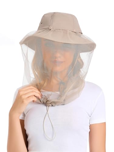 Mosquito Head Net Hat - Bug Cap UPF 50+ Sun Protection with Hidden Netting for Beekeeping Hiking Women - color: Khaki
