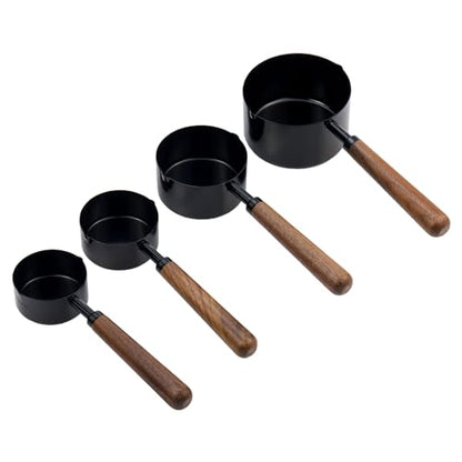 Set of 4 Measuring Cups and Spoons Black Measuring Cups with Wooden Handle Stainless Steel Measuring Spoons and Scoops Set for Kitchen Flour Spice Seasoning Measurement (1+1/2+1/3+1/4 Cup) - size: 1+1/2+1/3+1/4 Cup