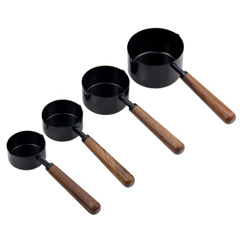 Set of 4 Measuring Cups and Spoons Black Measuring Cups with Wooden Handle Stainless Steel Measuring Spoons and Scoops Set for Kitchen Flour Spice Seasoning Measurement (1+1/2+1/3+1/4 Cup) - size: 1+1/2+1/3+1/4 Cup