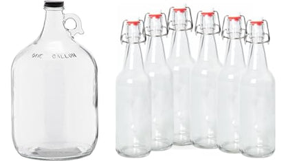 1 Gallon (128 oz) Clear Glass Jug With 38mm Cap with Pack of 6 Clear 16-20oz Growlers with Flip Top Airtight Silicone Seal For Beverages, Oil, Vinegar, Kombucha, Beer, Water, Soda, Kefir - color: 1 Clear Jug & 6 Clear Growlers