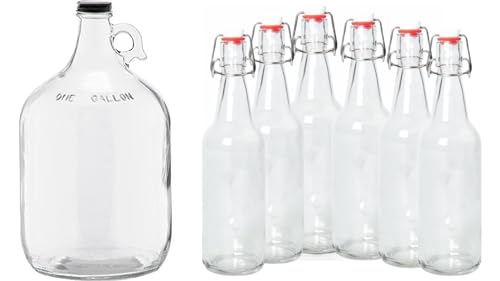 1 Gallon (128 oz) Clear Glass Jug With 38mm Cap with Pack of 6 Clear 16-20oz Growlers with Flip Top Airtight Silicone Seal For Beverages, Oil, Vinegar, Kombucha, Beer, Water, Soda, Kefir - color: 1 Clear Jug & 6 Clear Growlers