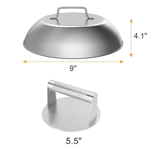 5.5" Burger Press & 9" Melting Dome Set for Blackstone Griddle Accessories | Food-grade stainless steel. Melts cheese fast, presses patties evenly. Easy clean. Fits most flat top grills. - size: 5.5'' Burger Pres+9''Dome-2PCS