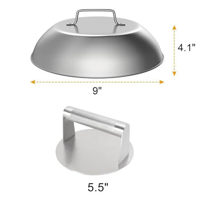 5.5" Burger Press & 9" Melting Dome Set for Blackstone Griddle Accessories | Food-grade stainless steel. Melts cheese fast, presses patties evenly. Easy clean. Fits most flat top grills. - size: 5.5'' Burger Pres+9''Dome-2PCS