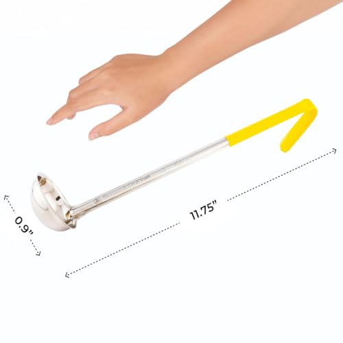 Restaurantware Met Lux 1 Ounce Soup Ladle 1 Hook Handle Serving Spoon - With Yellow Handle Dishwashable Stainless Steel Cooking Ladle For Pouring And Cooking Perfect for Soup Chilli Or Batter - size: 1 oz