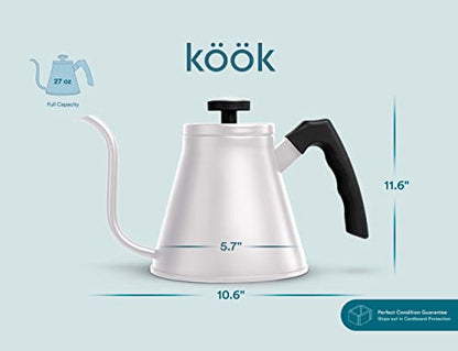 Kook Gooseneck Kettle, Kettle Stovetop, with Thermometer, Tea Pot, for Pour Over Coffee & Tea, Temperature Gauge, Electric, Compatible for Gas Stovetop, 3 Ply Stainless Steel Base, 27 oz, (White)