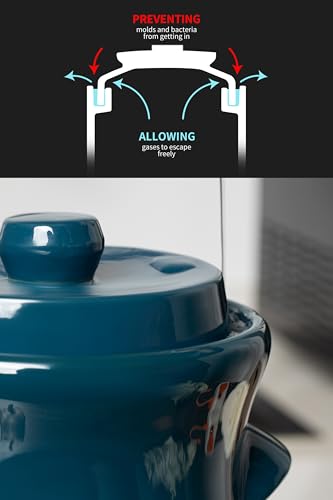 Fermentation Crock 3.8Liter/1 Gallon Stoneware Pot for Fermenting, Pickling Kimchi, Pickles, Vegetables, Kombucha - Glazed Fermenter with Stone Weights, Lid & Pickle Tamper-Blue Crock