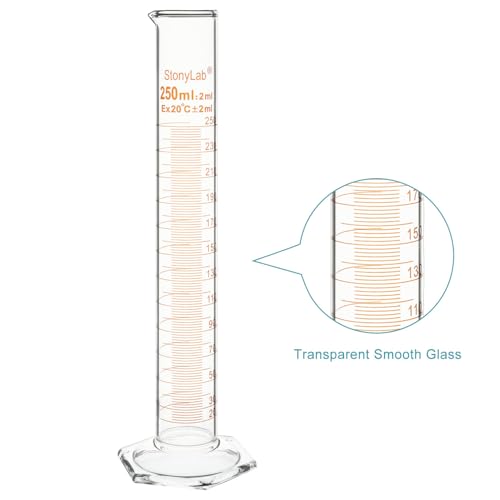 stonylab Graduated Cylinder, 2-Pack B Grade Borosilicate Glass Cylinder with Stable Hexagonal Base, 250 ml - size: 250 ml