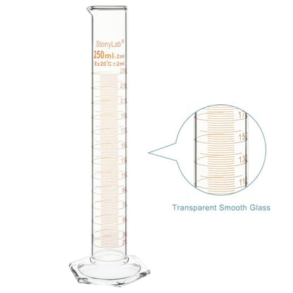 stonylab Graduated Cylinder, 2-Pack B Grade Borosilicate Glass Cylinder with Stable Hexagonal Base, 250 ml - size: 250 ml