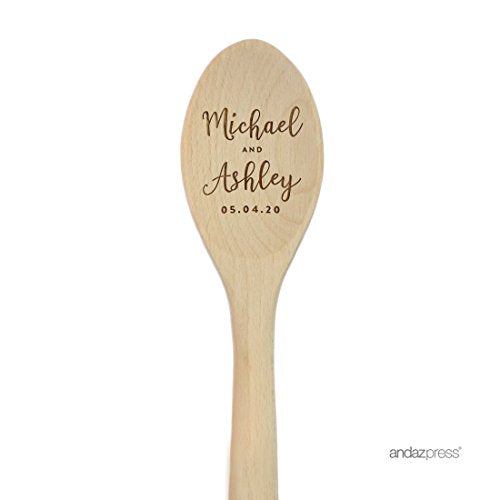 Andaz Press Personalized Laser Engraved Wooden Mixing Spoon, 12-inch, Script Bride and Groom Names and Dates, 1-Pack - color: Custom Wedding Script Bride Groom
