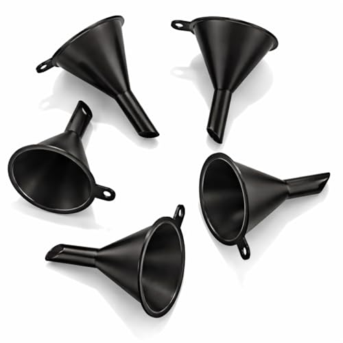 Premium Mini Funnel Small Plastic Funnel 5-Pack for Lab Bottles, Sand Art, Perfumes, Spices, Powder, Essential Oils, Recreational Activities Kitchen Food Grade - Black