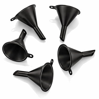 Premium Mini Funnel Small Plastic Funnel 5-Pack for Lab Bottles, Sand Art, Perfumes, Spices, Powder, Essential Oils, Recreational Activities Kitchen Food Grade - Black