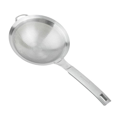 Restaurantware Fine Mesh Strainer - 1 Count - Met Lux 13.19" x 6.3" Stainless Steel Fine Mesh Sieve, Adjustable Tilt Strainer, Hanging Hole, Easy to Clean - Sieve For Flour and Juice - size: 13.25" x 6.25"