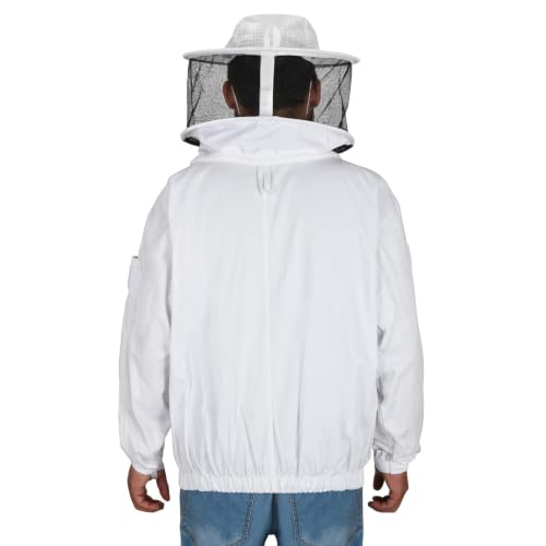 Beekeeping Jacket with Round Veil - Breathable Cotton Beekeeper Suit with YKK Zippers & Protective Hood (BP-102-White)-L - color: White Round Veil, size: Large