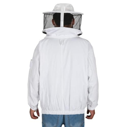 Beekeeping Jacket with Round Veil - Breathable Cotton Beekeeper Suit with YKK Zippers & Protective Hood (BP-102-White)-L - color: White Round Veil, size: Large