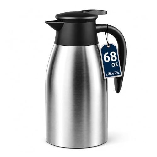 Thermal Coffee Carafe for Keeping Hot – 68OZ / 2L Stainless Steel Vacuum Insulated Coffee Carafe – Double Wall Dispenser for Hot Liquids, Tea & Hot Water (Silver) - color: Stainless Steel, size: 68 Ounces