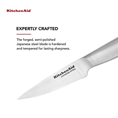 KitchenAid Gourmet Forged Stainless Steel Fine-Edge Paring Knife with Custom-Fit Blade Cover, 3.5-inch, Sharp Kitchen Knife, Japanese Stainless Steel Blade, Black - style: 3.5-Inch Serrated Paring Knife