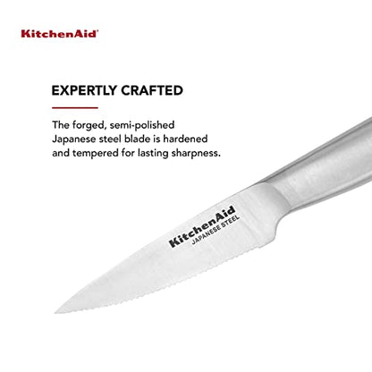 KitchenAid Gourmet Forged Stainless Steel Fine-Edge Paring Knife with Custom-Fit Blade Cover, 3.5-inch, Sharp Kitchen Knife, Japanese Stainless Steel Blade, Black - style: 3.5-Inch Serrated Paring Knife