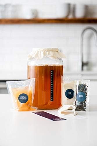Kombucha Starter Kit - Organic SCOBY & Strong Starter Liquid. Make Delicious Kombucha at Home With Our USA Made 1 Gallon Glass Brew Jar, Temp Gauge And Custom Tea Blend (Tea And Sugar) - style: Tea and Sugar