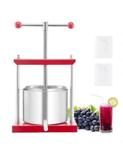 VEVOR 1.6 Gal/6L Fruit Wine Press, 2 Stainless Steel Barrels, Manual Juice Maker, Cider Apple Grape Tincture Honey Olive Oil Making Press with T-Handle for Outdoor Kitchen Home - color: Red, size: 1.6 Gal