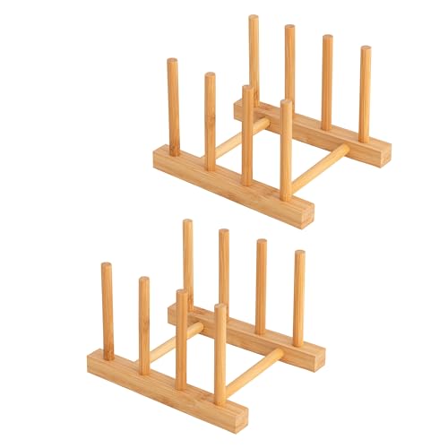 HBlife 2pcs Bamboo Dish Plate Bowl Cup Book Pot Lid Cutting Board Drying Rack Stand Drainer Storage Holder Organizer Kitchen Cabinet（Keep Dry） - color: Bamboo 3 Slots 2pcs