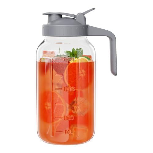 Glass Mason Jar Pitcher, 64 oz Wide Mouth Jug with Pour Spout Handle Lid for Cold Brew Coffee, Ice Beverage, Iced Juice, Lemonade, Sun Tea, Fruit Drinks Container(Gray) - color: Gray, size: 64 Ounces