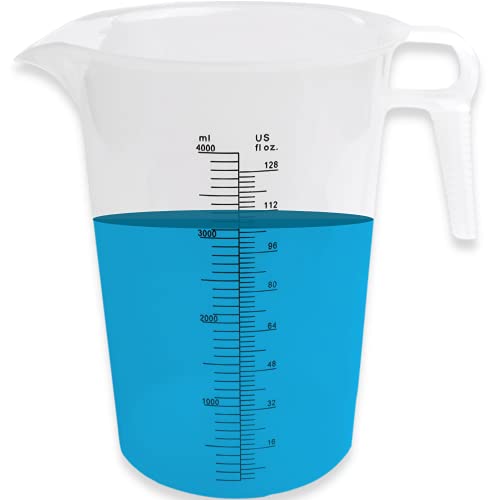 ACCUPOUR 128oz (1 gallon) Measuring Pitcher, Plastic, Multipurpose - Great for Oil, Chemicals, Pool and Lawn - Ounce (oz) and Milliliter (mL) Increments (4000 mL) - size: 128oz
