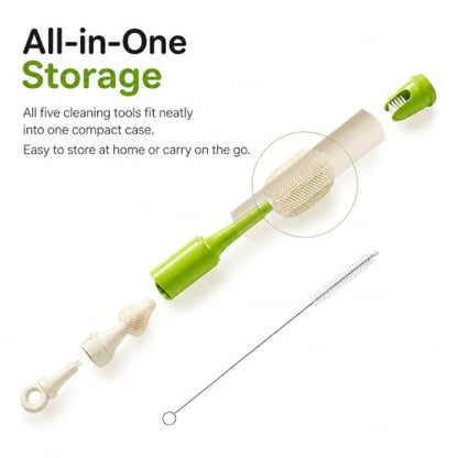 Baby Bottle Brush Set for Baby Bottles, 5 Cleaning Tools with Silicone Bottle and Nipple Brush Heads, Straw Brush, Detail Brush, Cup Rim Cleaner, Integrated Travel Storage, (Green)