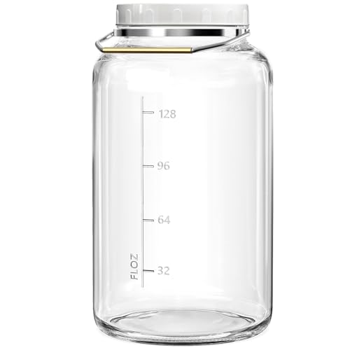 Qianfenie 1.5 Gallon Glass Jar with Lid Wide Mouth, Large Mason Jar with Airtight Screw Lid and Handle, Big Storage Jar with 2 Scale Marks for Kitchen Food, Pantry Organization (5700ML/192OZ)