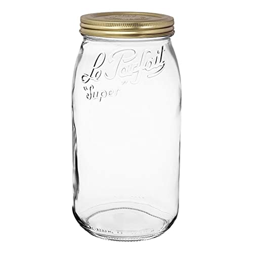 Le Parfait Eco-Friendly Zero Waste Wide Mouth Glass Jar with Airtight Screw Top Lid - Reusable French Storage Jar for Food, Soup, Flour, Sugar, Canning & Baking (3L/96oz, 1 Pack, Gold 2-Piece Lid) - color: 3L-Gold (Single)