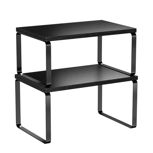 Simple Trending Cabinet Organizer Shelf, Set of 2 Stackable Kitchen Counter Shelves, Expandable Spice Rack Kitchen Storage Riser, Metal Engineered Wood, Black - color: Black