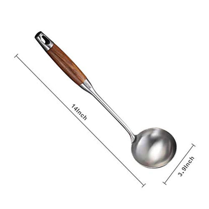 Soup Ladle,304 Stainless Steel Cooking Ladle Spoon Wok Tools with Long Wooden Handle Heat Resistant,Silver/14.6Inch - style: Soup Ladle-wood handle