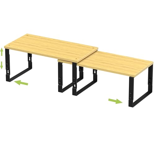 Adjustable Storage Shelves for Kitchen Cabinet Organization - Set of 2 Stackable Metal & Solid Wood Racks, Space-Saving Design for Countertop/Pantry/Garage, Easy Assembly(1 Pack/Large/Black) - color: 1 Pack/Black, size: Large:15.75"Wx7.48"Dx5.5"~8.1"H
